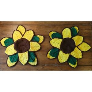 Handmade Crochet‎ Sunflower Placemats Yellow Brown Floral Table Decor Set of 2
